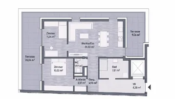 Grundriss einer modernen Wohnung mit zwei Schlafzimmern, offenem Wohnbereich und zwei Terrassen.