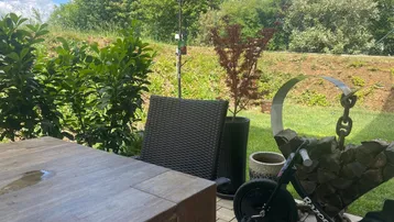 Grüner Gartenbereich mit Terrasse, Gartenmöbeln und Spielzeug, umgeben von Bäumen und Sträuchern.