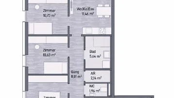 Grundriss einer Wohnung mit drei Zimmern, offener Wohnküche, Bad, separatem WC und Balkon.