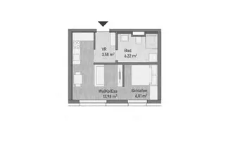 Grundriss einer Wohnung mit offenem Wohn-Essbereich, Schlafzimmer, Bad und Flur.