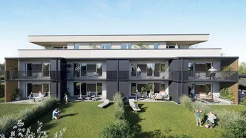 Moderne Wohnanlage mit Terrassen, Balkonen und großzügigen Grünflächen für entspanntes Wohnen.