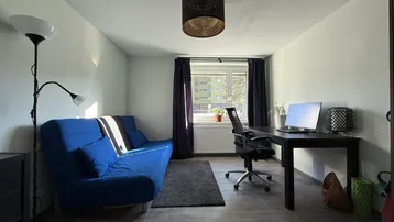 Helles Wohnzimmer mit blauem Sofa, Schreibtisch und modernem Laminatboden.