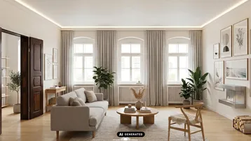 Helles und modern eingerichtetes Wohnzimmer mit hohen Decken, Holzboden und einem eleganten Wandkamin.