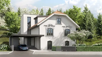 Architektonische Visualisierung eines modernen Hauses mit traditionellen Elementen und Carport.