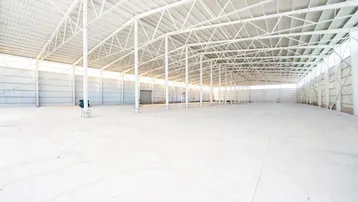 Geräumige, leere Lagerhalle mit hoher Decke und weißer Stahlkonstruktion, bereit zur Nutzung.