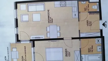 Grundriss einer Wohnung mit Wohnküche, Schlafzimmer, Bad, WC, Loggia und Balkon.