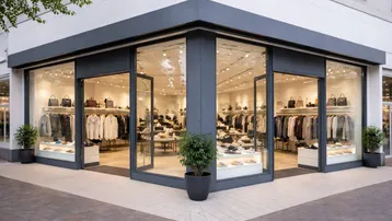 Moderne Ladenfront mit großen Schaufenstern und Auslagen für Kleidung und Schuhe, gut beleuchtet.