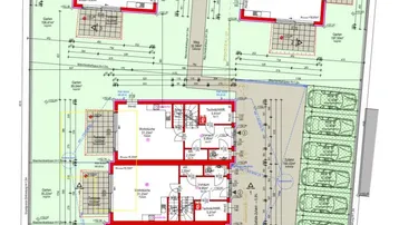 Detaillierter Grundrissplan eines Wohnprojekts mit Doppelhäusern, Reihenhäusern, Gärten und zahlreichen Parkplätzen.