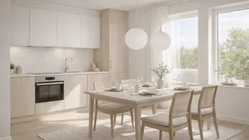 Helle, moderne Küche mit integriertem Essbereich, großen Fenstern und Holzboden.