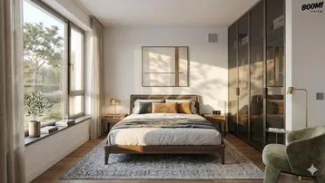 Helles Schlafzimmer mit großen Fenstern, Holzboden und integriertem Kleiderschrank.