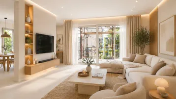 Helles, modern eingerichtetes Wohnzimmer mit Essbereich, großen Fenstern und indirekter Beleuchtung.