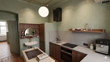Moderne Küche mit Holzfronten, integrierten Geräten und separatem Waschbeckenbereich in einem Bogen.