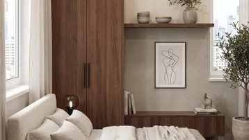 Modernes Schlafzimmer mit Holzboden, integriertem Kleiderschrank und großen Fenstern für viel Tageslicht.
