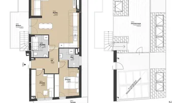 Grundrisspläne für zwei Dachgeschosse mit Terrassen, Balkon und offener Wohnküche.