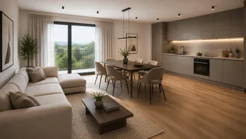 Moderner offener Wohn-Essbereich mit integrierter Küche, Holzboden und Zugang zum Balkon mit Waldblick.