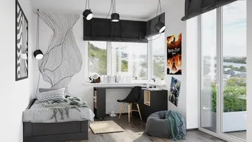 Helles Jugendzimmer mit modernem Design, Schreibtisch am Fenster und Blick auf die Umgebung.