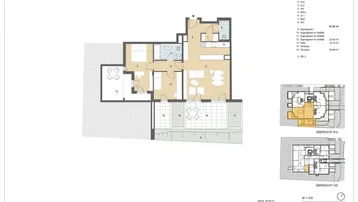 Grundriss einer Wohnung mit offenem Wohn-Essbereich, zwei Schlafzimmern, zwei Bädern und mehreren Terrassen sowie Gartenflächen.