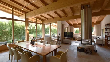 Geräumiger Wohn- und Essbereich mit Holzbalkendecke, großen Fenstern und modernem Kamin.