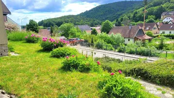 Gartenblick auf die umliegende Hügellandschaft und die darunter liegende Straße mit weiteren Häusern.