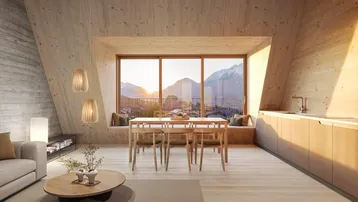 Heller offener Wohn-Essbereich mit Holzwänden, großen Fenstern und atemberaubendem Bergblick.