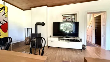 Gemütliches Wohnzimmer mit Holzboden, Kaminofen und modernem Entertainment-Bereich.