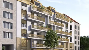 Moderne Wohnanlage mit mehreren Balkonen und Dachschrägen in städtischer Umgebung.