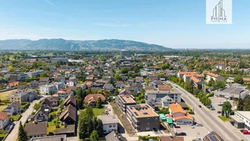 Luftaufnahme einer Wohngegend mit Einfamilienhäusern und Mehrfamilienhäusern, umgeben von viel Grün und mit Bergblick.