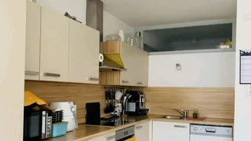 Moderne Einbauküche mit hellen Fronten, Holzarbeitsplatte und integrierten Geräten.