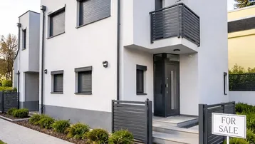 Modernes Reihenhaus mit weißer Fassade, kleinem Vorgarten und "For Sale"-Schild.