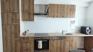 Moderne Einbauküche mit Holzoptikfronten, Induktionskochfeld und integrierten Geräten.