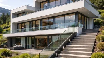 Moderne Luxusvilla mit klaren Linien, großen Glasfronten und beeindruckendem Bergblick in Hanglage.