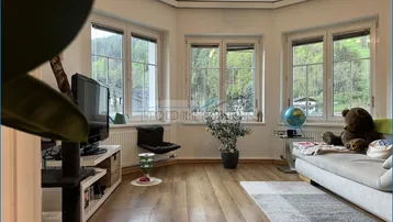 Helles Wohnzimmer mit Holzboden, großen Fenstern und Blick ins Grüne.