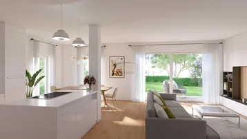 Helles, offenes Wohn- und Esszimmer mit Holzboden, moderner Einrichtung und Zugang zum Garten.