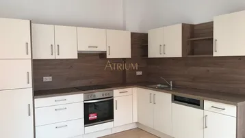 Moderne Einbauküche mit hellen Fronten, Holzakzenten und integrierten Geräten.