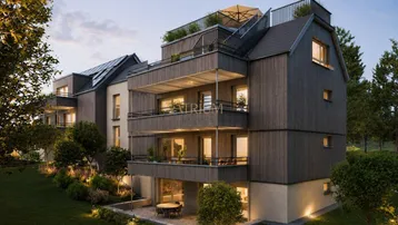 Moderne Wohnanlage mit Holzfassade, Balkonen, Terrassen und Dachterrassen in grüner Umgebung.