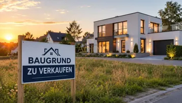 Modernes Einfamilienhaus mit Garage und angrenzendem Baugrundstück bei Sonnenuntergang