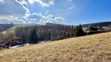 Weitläufiger Blick über eine sonnige Hügellandschaft mit vereinzelten Häusern und Wald im Hintergrund.