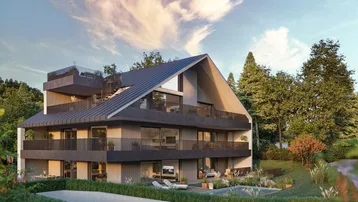 Moderne Architektur mit mehreren Balkonen und Dachterrasse in grüner Umgebung.