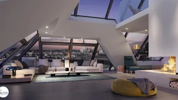 Geräumiges Wohnzimmer mit Kamin, großen Dachfenstern und Panoramablick über die Stadt bei Sonnenuntergang.