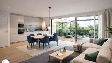 Helles, offenes Wohnzimmer mit integrierter Küche, Essbereich und Zugang zur großen Terrasse.
