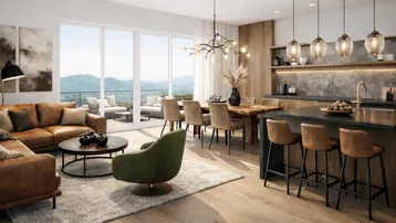 Lichtdurchfluteter offener Wohn-Essbereich mit moderner Küche, Holzboden und Zugang zu einer großen Terrasse mit Bergblick.