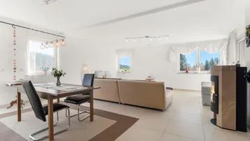 Geräumiger Wohn-Essbereich mit Esstisch, Kaminofen und weitem Blick ins Grüne.