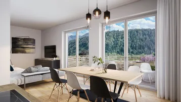 Heller Wohn-Essbereich mit Holzboden, modernen Möbeln und Panoramablick auf die umliegenden Berge.