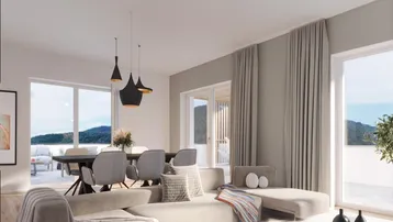 Heller Wohn- und Essbereich mit großen Fenstern, modernem Sofa und Zugang zur Terrasse.