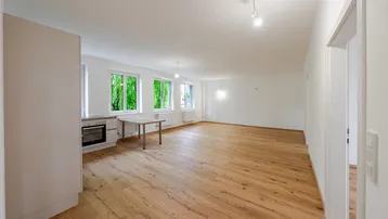Heller, offener Wohnbereich mit Holzboden und integrierter Küchenzeile, ideal für modernes Wohnen.