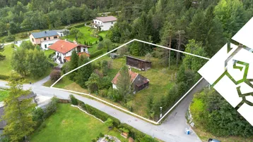 Luftaufnahme des Grundstücks mit umgebender Natur und Häusern, umrandet von einer weißen Linie.