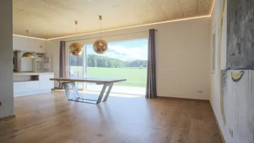 Heller offener Wohn-Essbereich mit Holzboden, Holzbalkendecke und weitem Blick ins Grüne.
