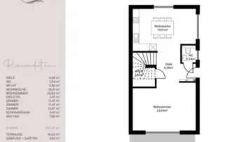 Grundriss des Erdgeschosses von Haus 3 mit offener Wohnküche, Wohnzimmer und Terrasse.