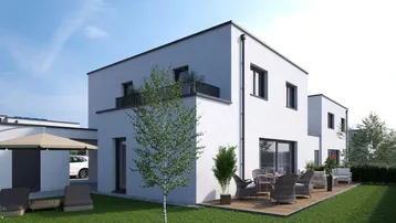 Moderne Doppelhaushälfte mit Holzterrasse und gepflegtem Rasenbereich im Außenbereich.