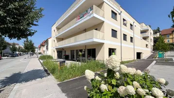 Modernes Mehrfamilienhaus mit Balkonen und gepflegter Außenanlage an einer Straße gelegen.